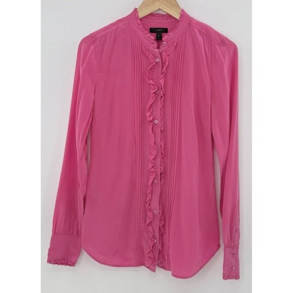 J.Crew Ruffle Silk Button-Up Bright Pink Blouse Size 4T Boho Preppy See Photos - Picture 1 of 12